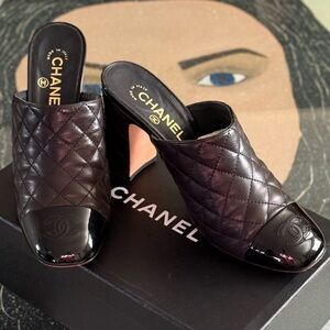 Chanel Quilted Black and Burgundy Mules 9.5